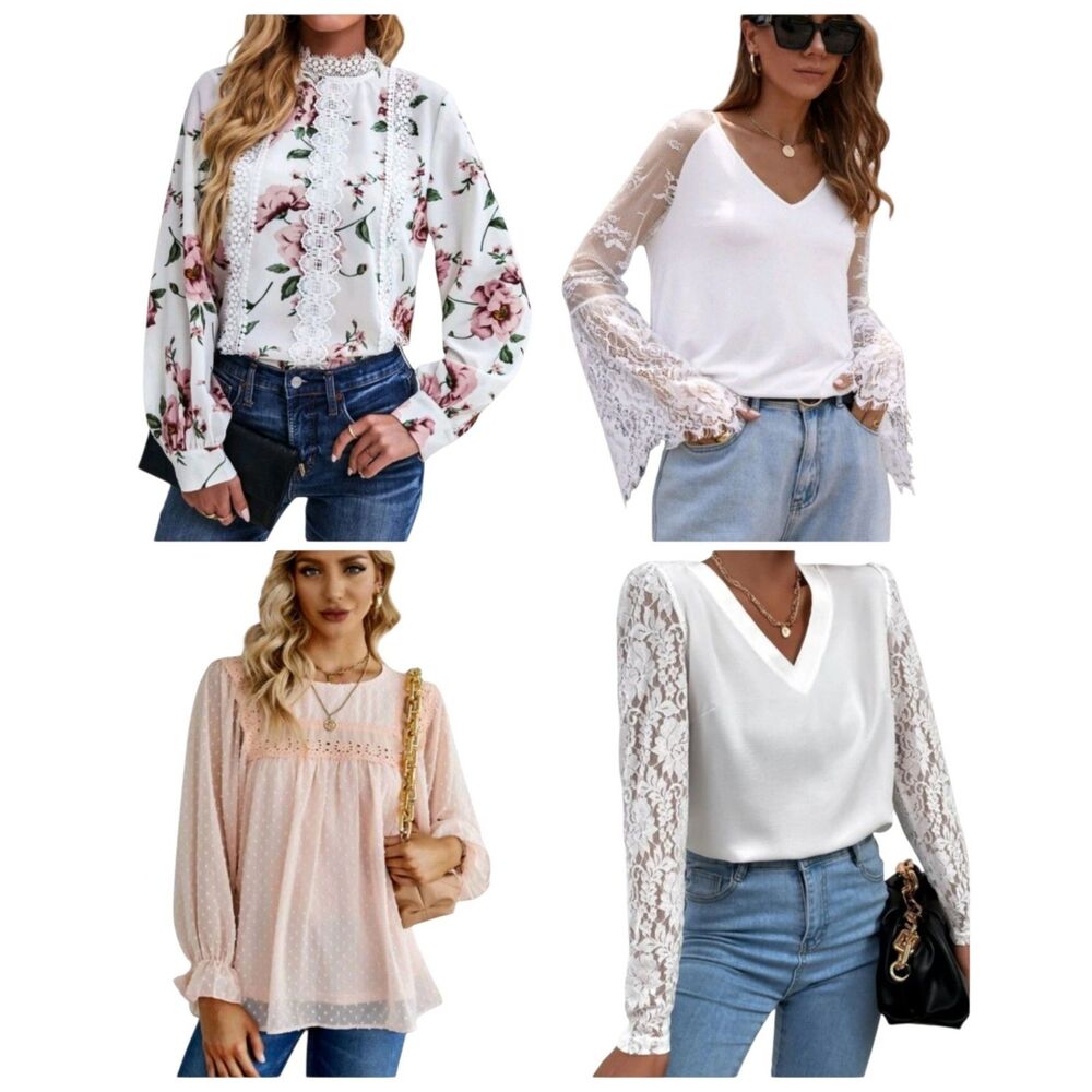 NIP 4 Piece Long Sleeve Lace Accent Blouses / Dressy Tops - Size Small